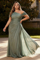 Load image into Gallery viewer, Plus Size Dusty Sage One Shoulder Ruched Long Chiffon Formal Dress with Side Cape