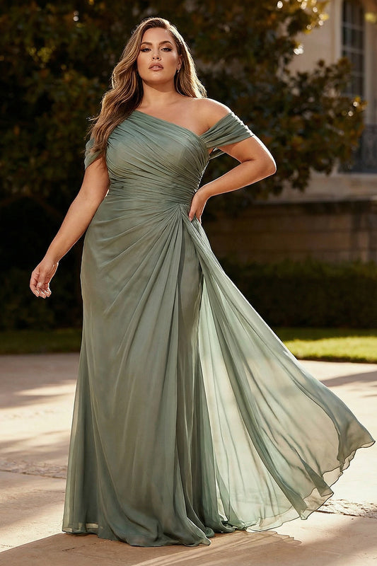 Load image into Gallery viewer, Plus Size Dusty Sage One Shoulder Ruched Long Chiffon Formal Dress with Side Cape