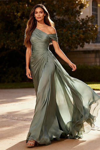 Dusty Sage Chiffon One Shoulder Ruched Long Formal Dress with Side Cape