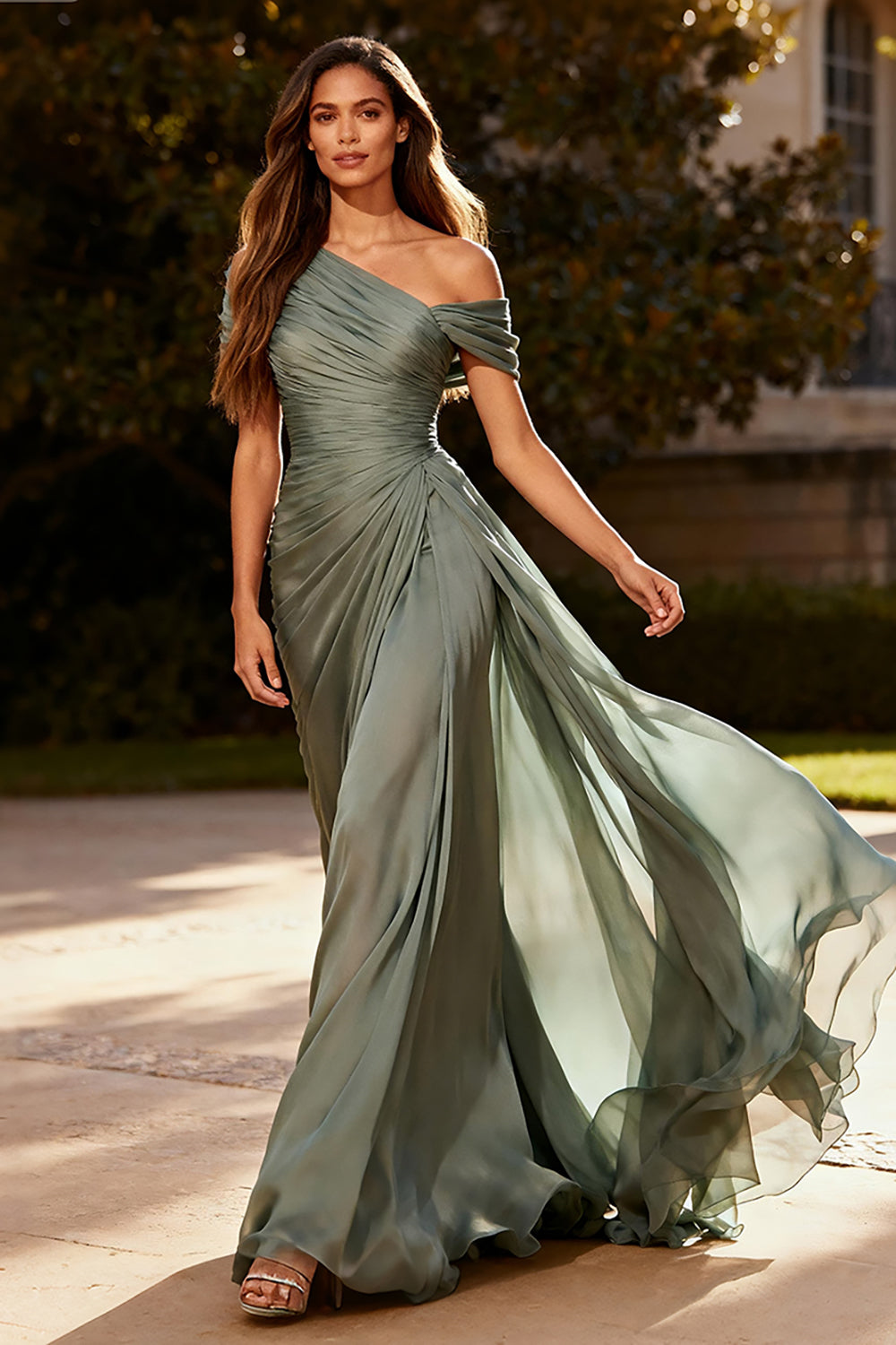 Dusty Sage Chiffon One Shoulder Ruched Long Formal Dress with Side Cape