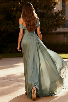 Dusty Sage Chiffon One Shoulder Ruched Long Formal Dress with Side Cape
