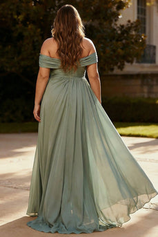 Plus Size Dusty Sage One Shoulder Ruched Long Chiffon Formal Dress with Side Cape
