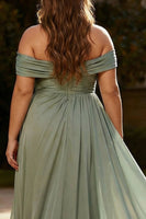 Load image into Gallery viewer, Plus Size Dusty Sage One Shoulder Ruched Long Chiffon Formal Dress with Side Cape