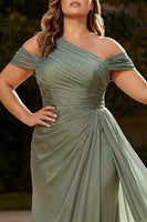 Load image into Gallery viewer, Plus Size Dusty Sage One Shoulder Ruched Long Chiffon Formal Dress with Side Cape