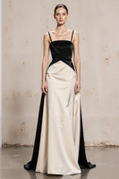 Load image into Gallery viewer, Black and White Satin Spaghetti Straps Sheath Long Formal Dress