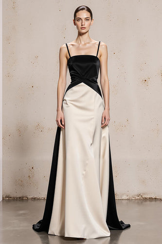 Black and White Satin Spaghetti Straps Sheath Long Formal Dress
