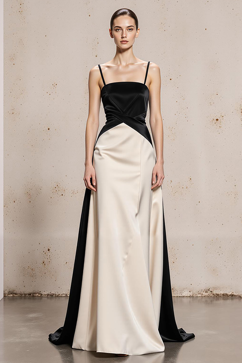 Black and White Satin Spaghetti Straps Sheath Long Formal Dress