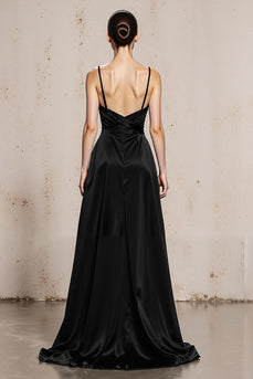 Black and White Satin Spaghetti Straps Sheath Long Formal Dress
