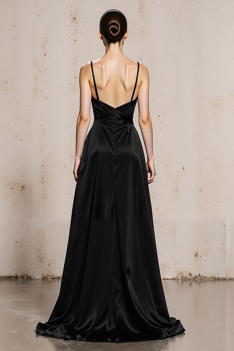 Load image into Gallery viewer, Black and White Satin Spaghetti Straps Sheath Long Formal Dress