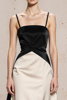Load image into Gallery viewer, Black and White Satin Spaghetti Straps Sheath Long Formal Dress