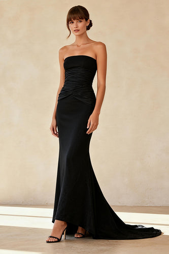 Simple Black Mermaid Satin Strapless Long Formal Dress