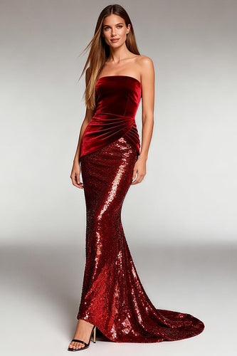 Sparkly Burgundy Mermaid Sequin Strapless Long Formal Dress