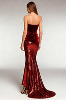 Load image into Gallery viewer, Sparkly Burgundy Mermaid Sequin Strapless Long Formal Dress
