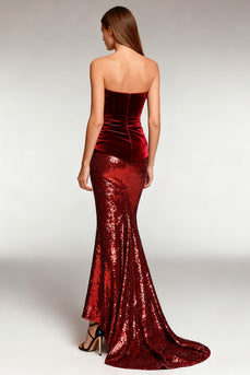 Sparkly Burgundy Mermaid Sequin Strapless Long Formal Dress