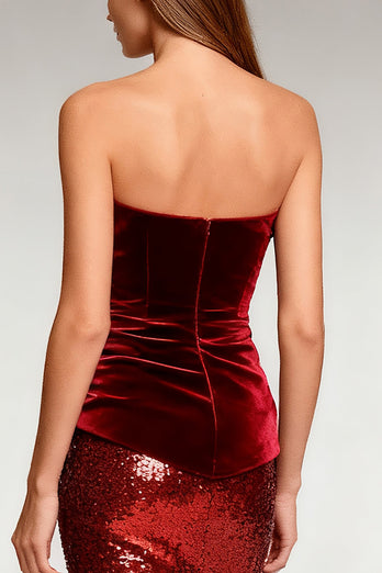 Sparkly Burgundy Mermaid Sequin Strapless Long Formal Dress