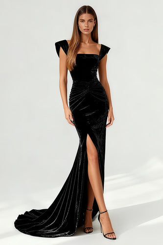 Simple Black Ruched Mermaid Velvet Long Formal Dress with Slit