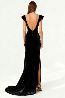Simple Black Ruched Mermaid Velvet Long Formal Dress with Slit