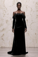 Load image into Gallery viewer, Black Velvet Sheath Long Sleeves Holiday Party Dress with Lace