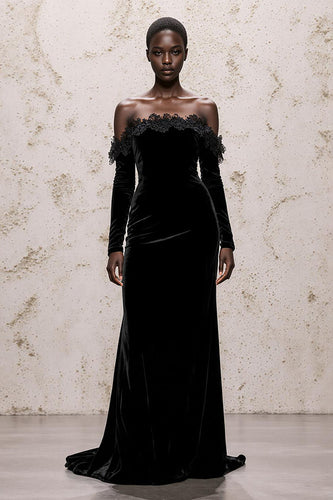 Black Velvet Sheath Long Sleeves Holiday Party Dress with Lace