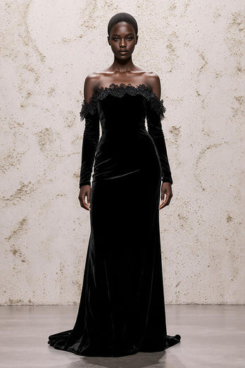 Black Velvet Sheath Long Sleeves Holiday Party Dress with Lace