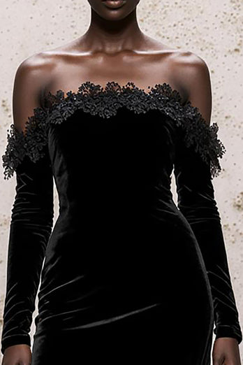 Black Velvet Sheath Long Sleeves Holiday Party Dress with Lace