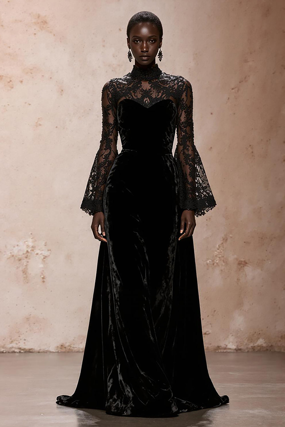 Black Velvet High Neck Sheath Lace Long Sleeves Holiday Party Dress