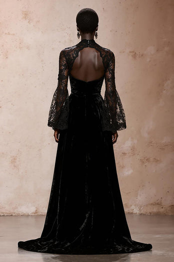 Black Velvet High Neck Sheath Lace Long Sleeves Holiday Party Dress
