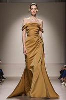 Load image into Gallery viewer, Yellow Satin Ruched Off the Shoulder Mermaid Long Formal Dress