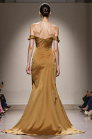 Load image into Gallery viewer, Yellow Satin Ruched Off the Shoulder Mermaid Long Formal Dress