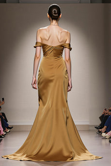 Yellow Satin Ruched Off the Shoulder Mermaid Long Formal Dress