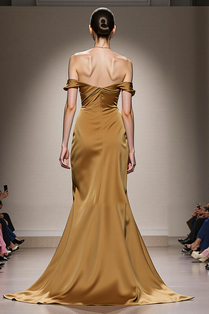 Load image into Gallery viewer, Yellow Satin Ruched Off the Shoulder Mermaid Long Formal Dress