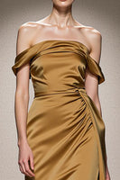 Load image into Gallery viewer, Yellow Satin Ruched Off the Shoulder Mermaid Long Formal Dress