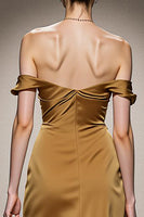 Load image into Gallery viewer, Yellow Satin Ruched Off the Shoulder Mermaid Long Formal Dress