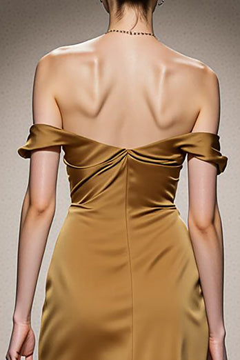 Yellow Satin Ruched Off the Shoulder Mermaid Long Formal Dress