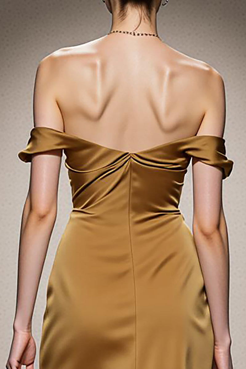 Load image into Gallery viewer, Yellow Satin Ruched Off the Shoulder Mermaid Long Formal Dress