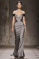 Load image into Gallery viewer, Silver Satin Off the Shoulder Mermaid Long Formal Dress