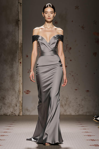 Silver Satin Off the Shoulder Mermaid Long Formal Dress