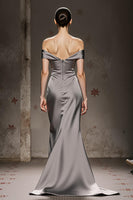 Load image into Gallery viewer, Silver Satin Off the Shoulder Mermaid Long Formal Dress