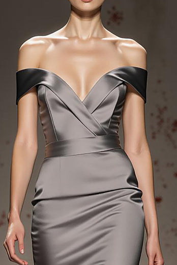 Silver Satin Off the Shoulder Mermaid Long Formal Dress