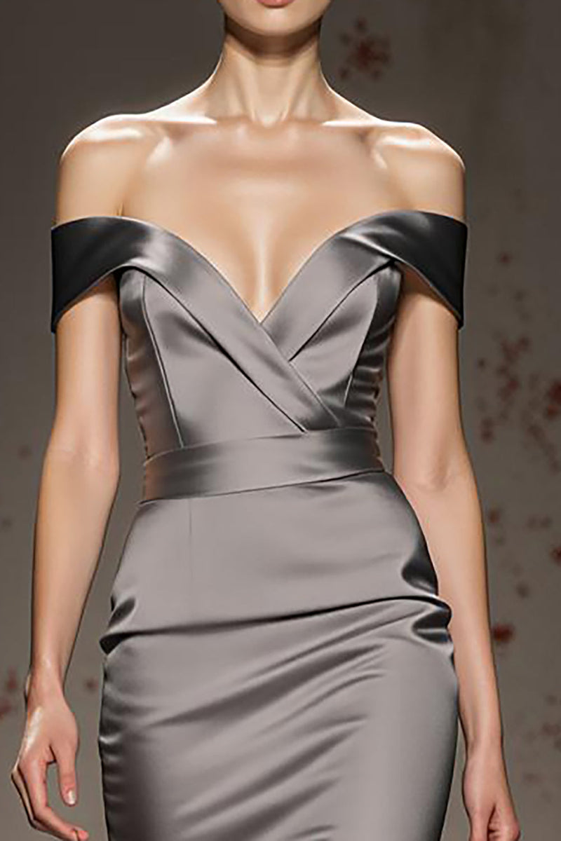 Load image into Gallery viewer, Silver Satin Off the Shoulder Mermaid Long Formal Dress