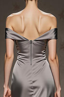Load image into Gallery viewer, Silver Satin Off the Shoulder Mermaid Long Formal Dress