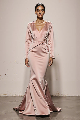 Light Pink Mermaid V-Neck Satin Backless Long Sleeves Formal Dress
