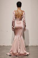Load image into Gallery viewer, Light Pink Mermaid V-Neck Satin Backless Long Sleeves Formal Dress