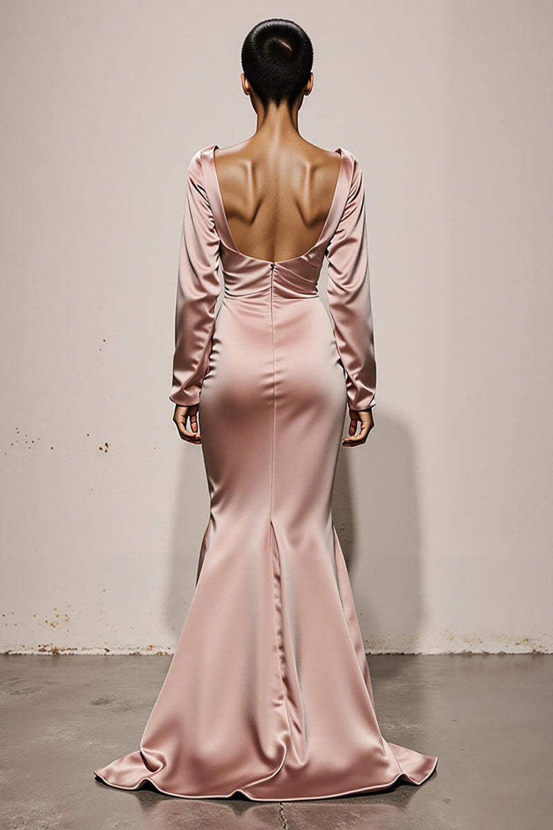 Load image into Gallery viewer, Light Pink Mermaid V-Neck Satin Backless Long Sleeves Formal Dress