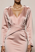 Load image into Gallery viewer, Light Pink Mermaid V-Neck Satin Backless Long Sleeves Formal Dress