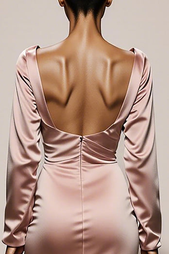 Light Pink Mermaid V-Neck Satin Backless Long Sleeves Formal Dress