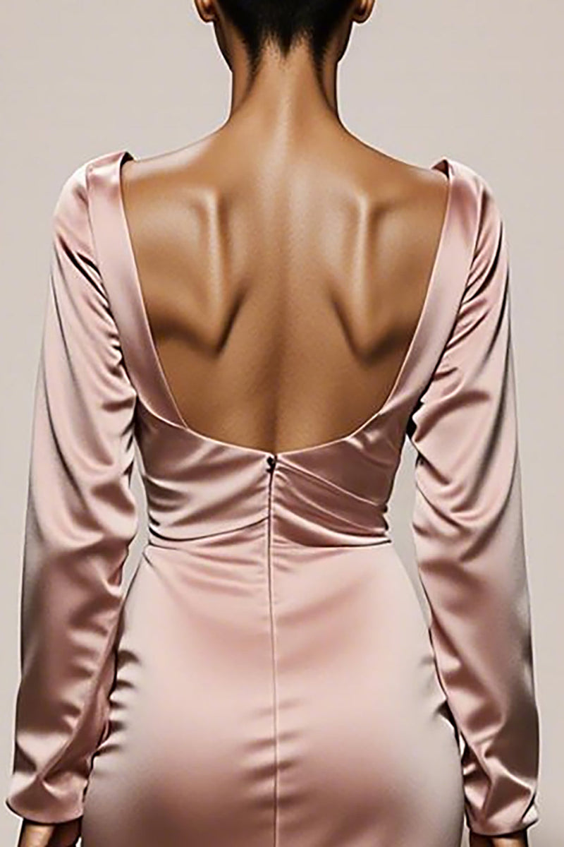 Load image into Gallery viewer, Light Pink Mermaid V-Neck Satin Backless Long Sleeves Formal Dress