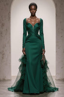 Load image into Gallery viewer, Dark Green Satin Mermaid Sweetheart Long Sleeves Formal Dress with Tulle