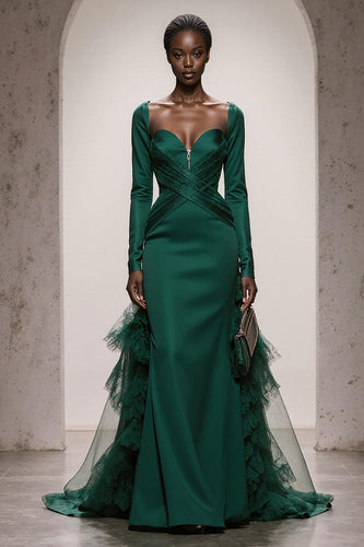 Dark Green Satin Mermaid Sweetheart Long Sleeves Formal Dress with Tulle