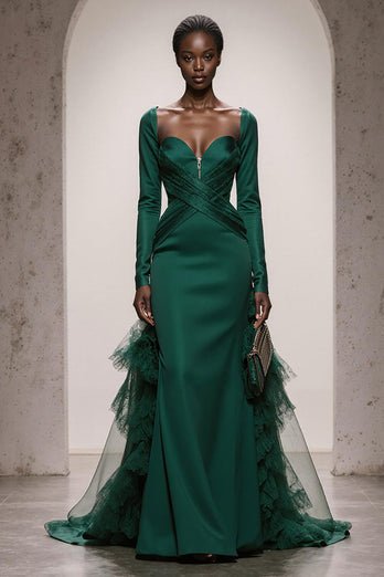Dark Green Satin Mermaid Sweetheart Long Sleeves Formal Dress with Tulle